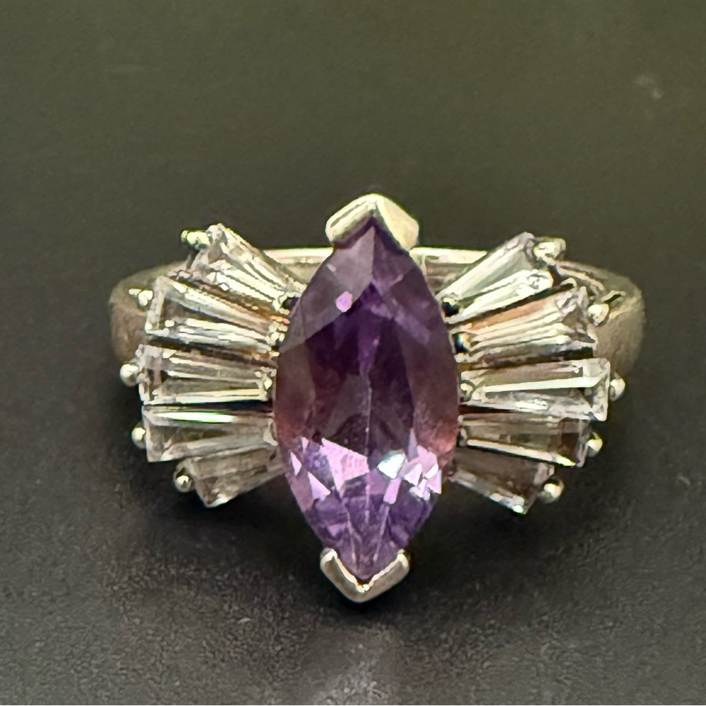 Vintage 925 Sterling Silver Marquise Amethyst Ballerina Bow Baguette Ring Size 8